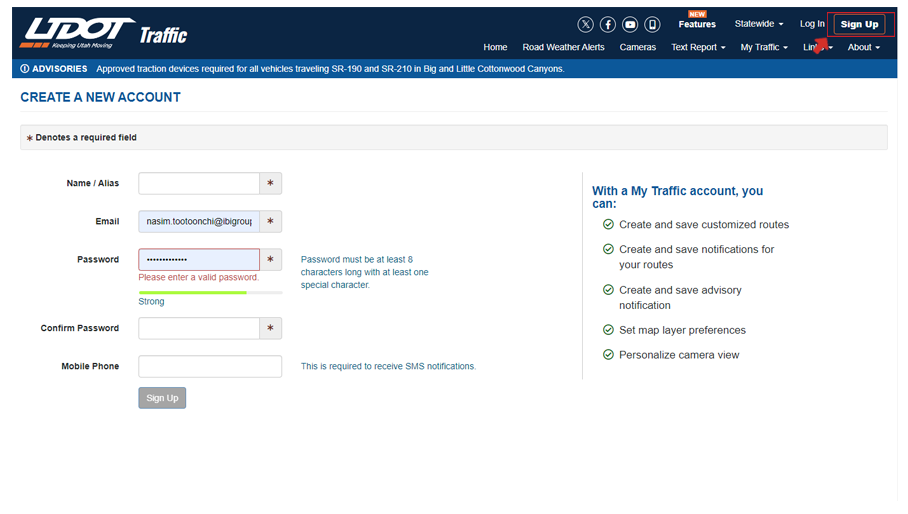 Signing up with UDOT Traffic